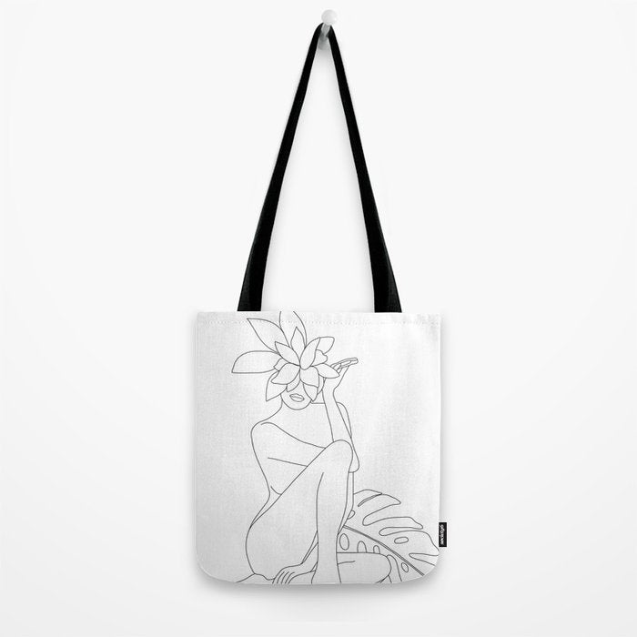 Minimal Line Art Woman with Tropical Leaves Tote Bag Gallery Image 2