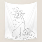 Minimal Line Art Woman with Tropical Leaves Wall Tapestry Gallery Image 4