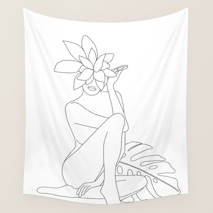 Minimal Line Art Woman with Tropical Leaves Wall Tapestry Gallery Image 4