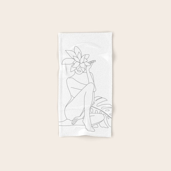 Minimal Line Art Woman with Tropical Leaves Bath Towel Gallery Image 1