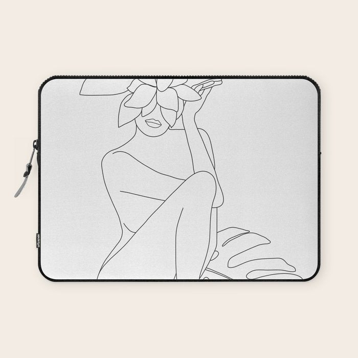 Minimal Line Art Woman with Tropical Leaves Laptop Sleeve Gallery Image 1