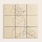 Minimal Line Art Woman with Tropical Leaves Wood Wall Art Gallery Image 1