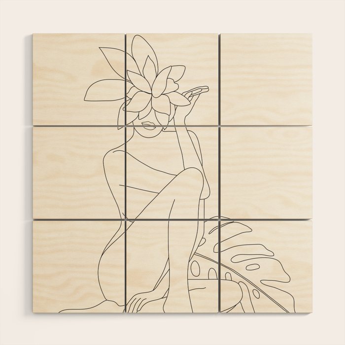 Minimal Line Art Woman with Tropical Leaves Wood Wall Art Gallery Image 1