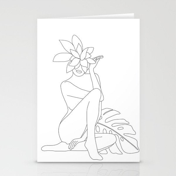 Minimal Line Art Woman with Tropical Leaves Stationery Card Gallery Image 2