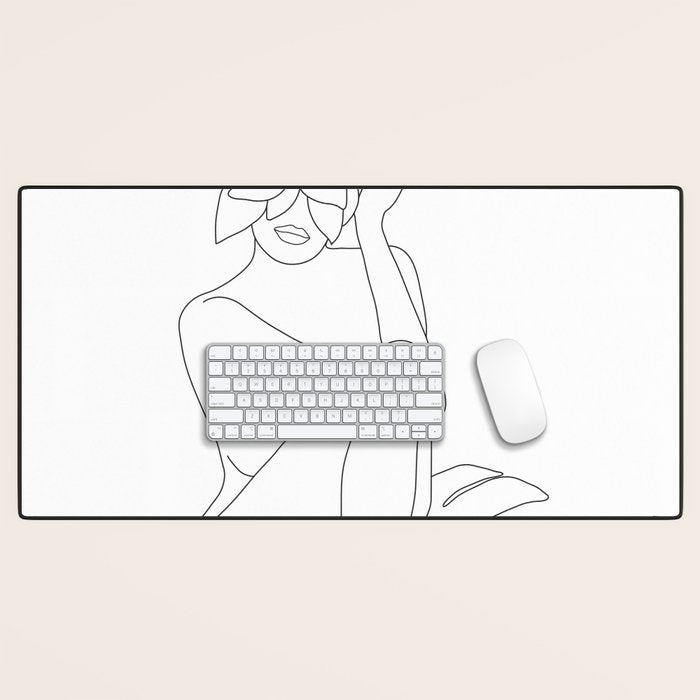 Minimal Line Art Woman with Tropical Leaves Desk Mat Gallery Image 1