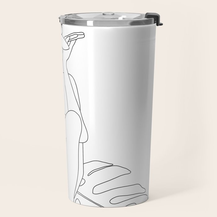 Minimal Line Art Woman with Tropical Leaves Travel Mug Gallery Image 2