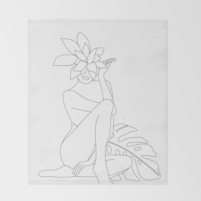 Minimal Line Art Woman with Tropical Leaves Throw Blanket Gallery Image 2