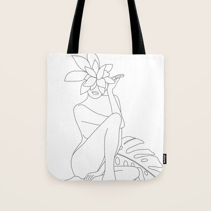 Minimal Line Art Woman with Tropical Leaves Tote Bag Gallery Image 1
