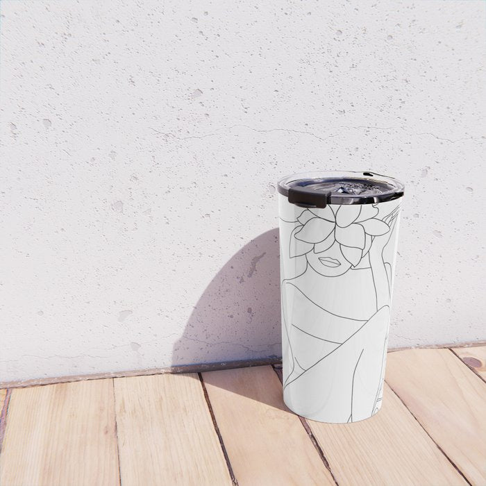 Minimal Line Art Woman with Tropical Leaves Travel Mug Gallery Image 4