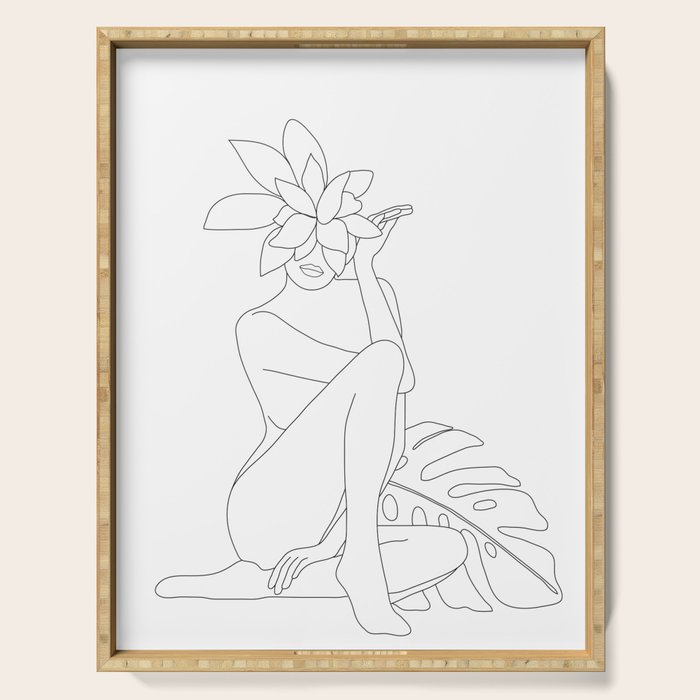 Minimal Line Art Woman with Tropical Leaves Serving Tray Gallery Image 1
