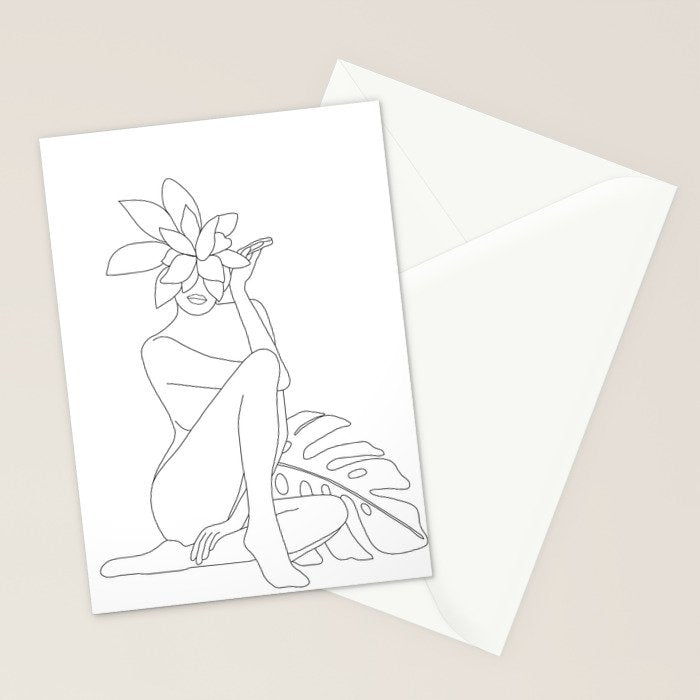 Minimal Line Art Woman with Tropical Leaves Stationery Card Gallery Image 2