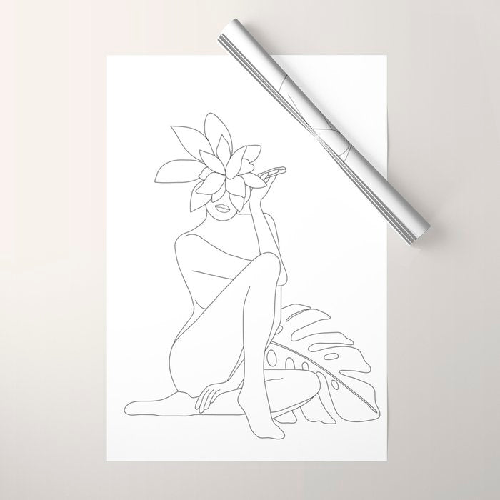 Minimal Line Art Woman with Tropical Leaves Wrapping Paper Gallery Image 1