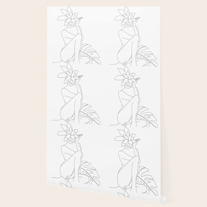 Minimal Line Art Woman with Tropical Leaves Wallpaper Gallery Image 2