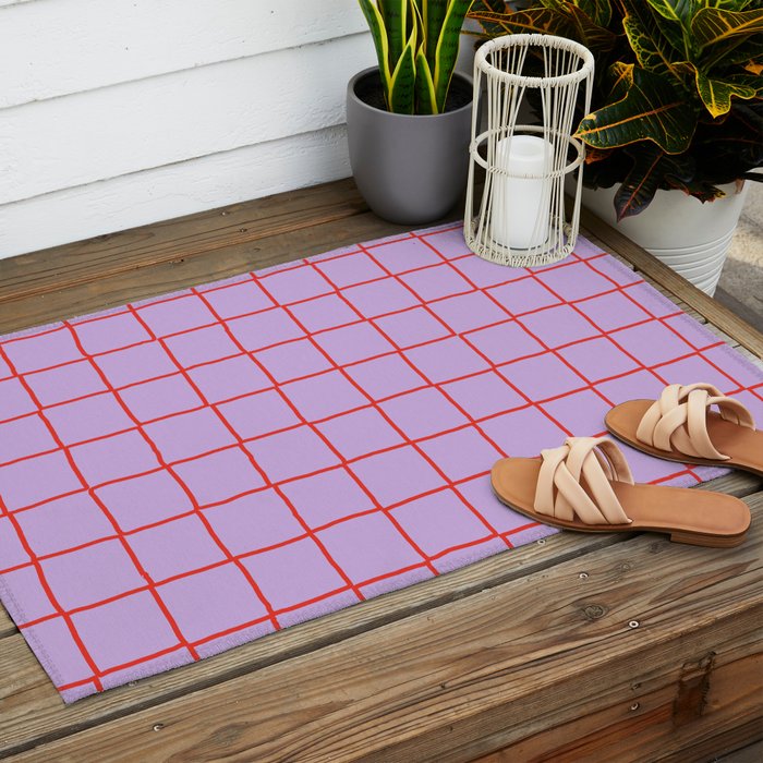 Red + Lavender Plaid Checker Outdoor Rug Gallery Image 2