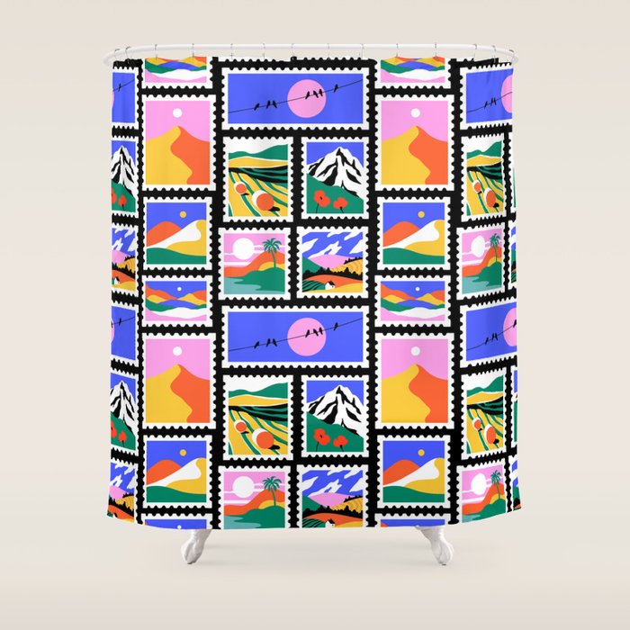 Colorful nature landscape post card stamp pattern Shower Curtain Gallery Image 1