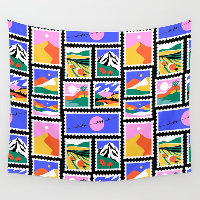 Colorful nature landscape post card stamp pattern Wall Tapestry Gallery Image 1