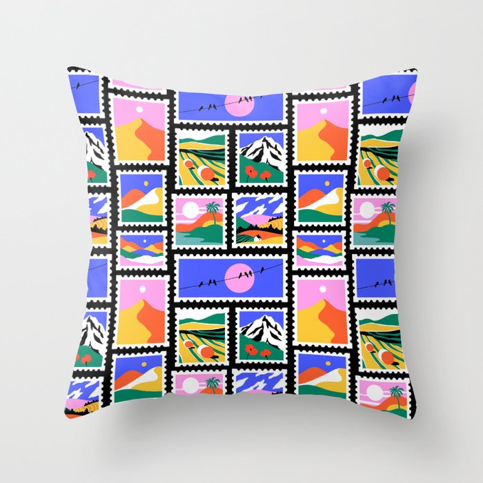 Colorful nature landscape post card stamp pattern Throw Pillow Gallery Image 1