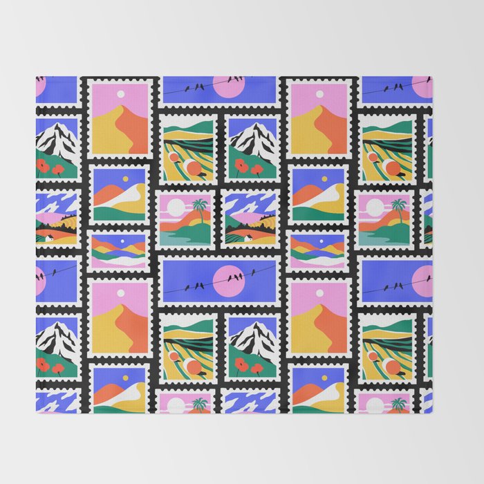 Colorful nature landscape post card stamp pattern Throw Blanket Gallery Image 2