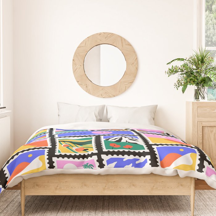 Colorful nature landscape post card stamp pattern Duvet Cover Gallery Image 3
