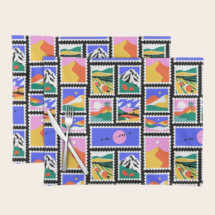Colorful nature landscape post card stamp pattern Placemat Gallery Image 1