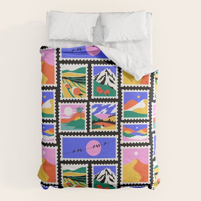 Colorful nature landscape post card stamp pattern Duvet Cover Gallery Image 1