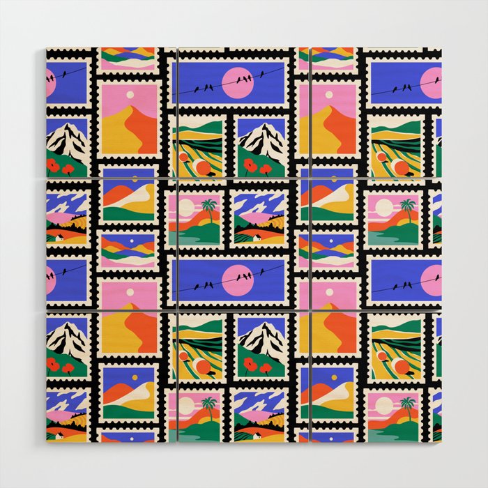 Colorful nature landscape post card stamp pattern Wood Wall Art Gallery Image 1