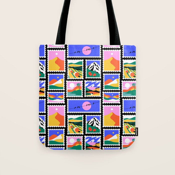 Colorful nature landscape post card stamp pattern Tote Bag Gallery Image 1
