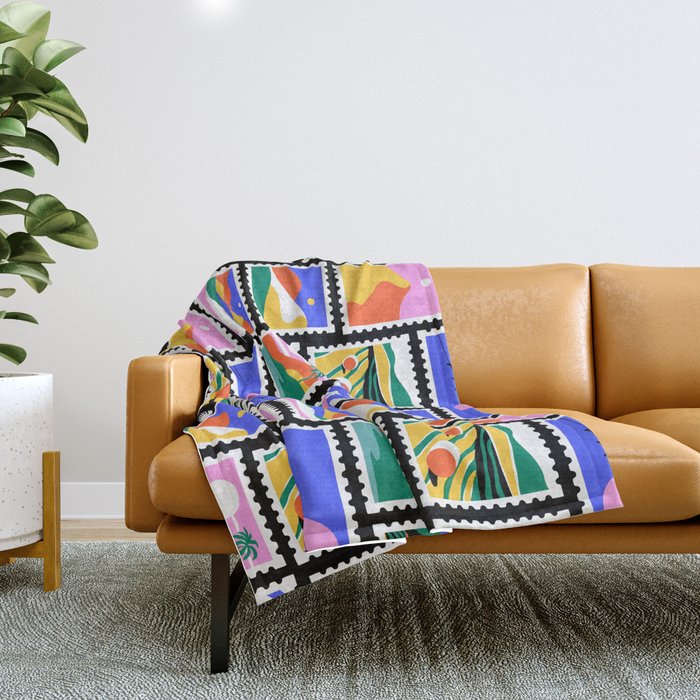 Colorful nature landscape post card stamp pattern Throw Blanket Gallery Image 1