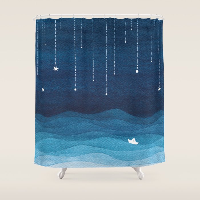 Falling stars, blue, sailboat, ocean Shower Curtain Gallery Image 1