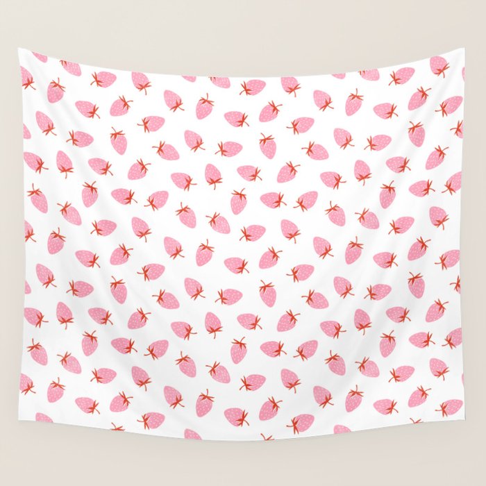 Sweet Strawberries - pink and red on white Wall Tapestry Gallery Image 1