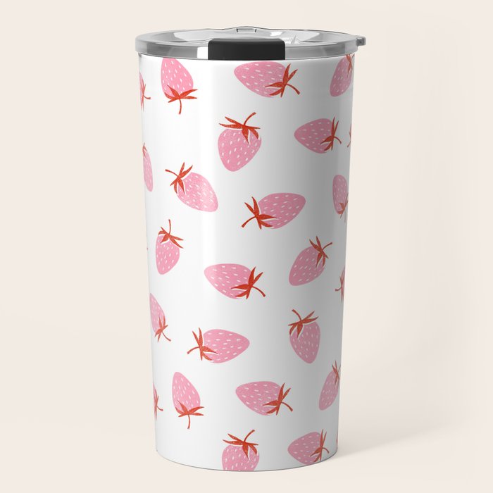 Sweet Strawberries - pink and red on white Travel Mug Gallery Image 1