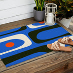 Mid Century Modern Piquet Retro Abstract Pattern in Bold Blue Black Orange Off White Outdoor Rug Gallery Image 2