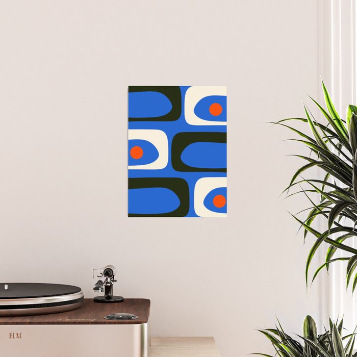 Mid Century Modern Piquet Retro Abstract Pattern in Bold Blue Black Orange Off White Poster Gallery Image 2