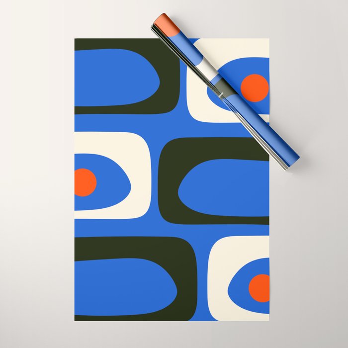 Mid Century Modern Piquet Retro Abstract Pattern in Bold Blue Black Orange Off White Wrapping Paper Gallery Image 1