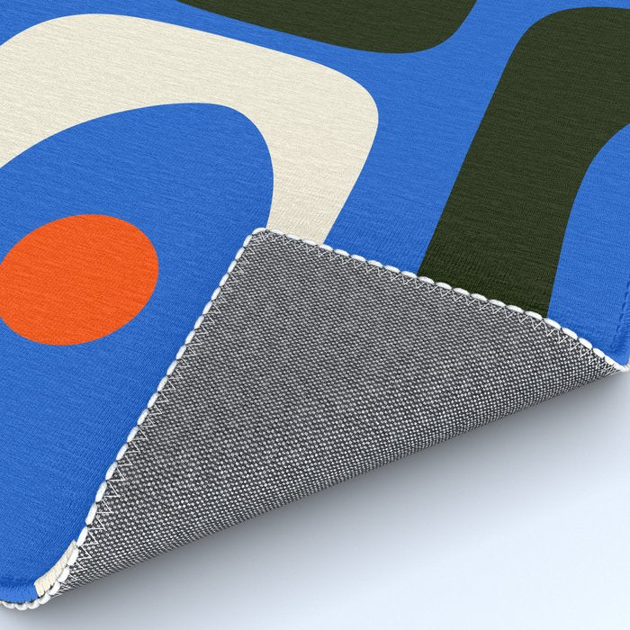 Mid Century Modern Piquet Retro Abstract Pattern in Bold Blue Black Orange Off White Rug Gallery Image 4