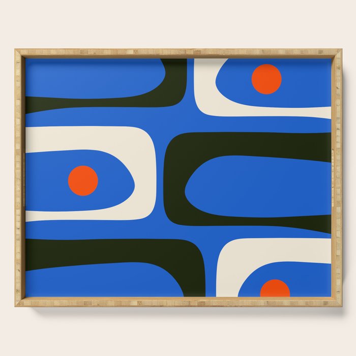 Mid Century Modern Piquet Retro Abstract Pattern in Bold Blue Black Orange Off White Serving Tray Gallery Image 1
