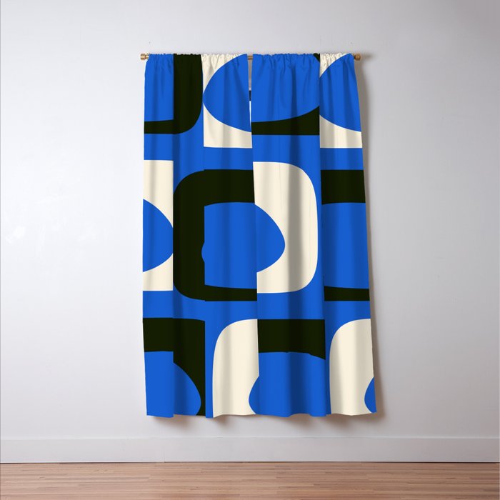 Mid Century Modern Piquet Retro Abstract Pattern in Bold Blue Black Orange Off White Window Curtain Gallery Image 3