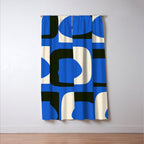 Mid Century Modern Piquet Retro Abstract Pattern in Bold Blue Black Orange Off White Window Curtain Gallery Image 3