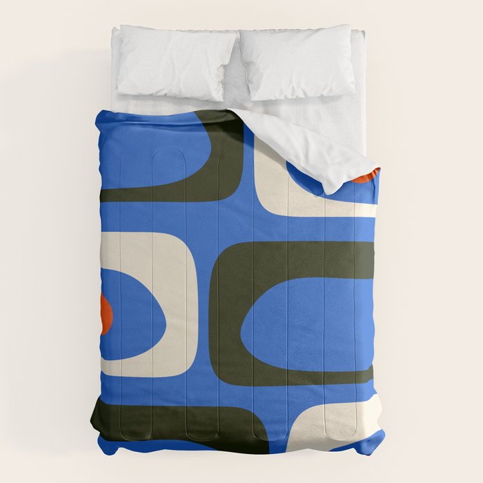 Mid Century Modern Piquet Retro Abstract Pattern in Bold Blue Black Orange Off White Comforter Gallery Image 1