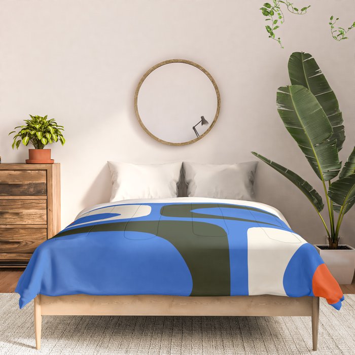Mid Century Modern Piquet Retro Abstract Pattern in Bold Blue Black Orange Off White Comforter Gallery Image 3