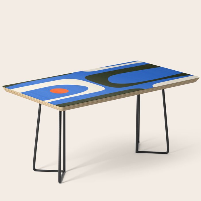 Mid Century Modern Piquet Retro Abstract Pattern in Bold Blue Black Orange Off White Coffee Table Gallery Image 1