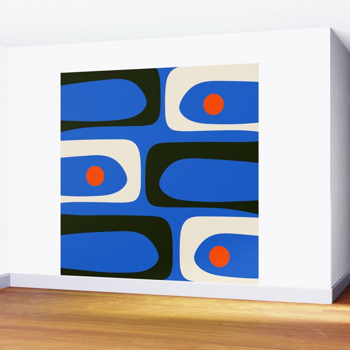 Mid Century Modern Piquet Retro Abstract Pattern in Bold Blue Black Orange Off White Wall Mural Gallery Image 2