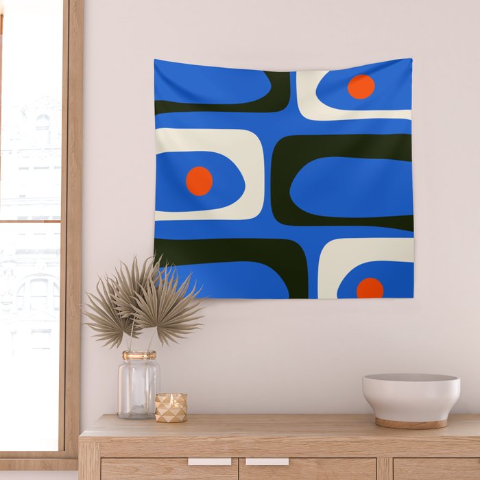 Mid Century Modern Piquet Retro Abstract Pattern in Bold Blue Black Orange Off White Wall Tapestry Gallery Image 2