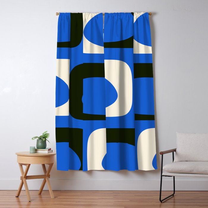 Mid Century Modern Piquet Retro Abstract Pattern in Bold Blue Black Orange Off White Window Curtain Gallery Image 5