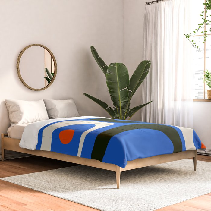 Mid Century Modern Piquet Retro Abstract Pattern in Bold Blue Black Orange Off White Comforter Gallery Image 2