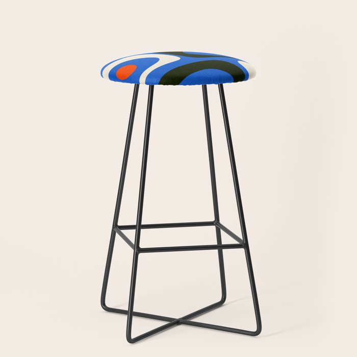 Mid Century Modern Piquet Retro Abstract Pattern in Bold Blue Black Orange Off White Stool Gallery Image 1