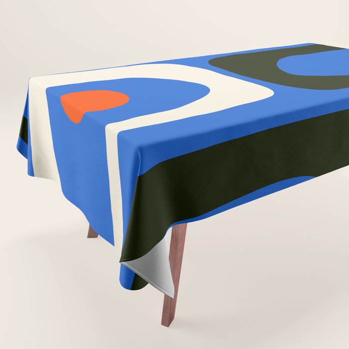 Mid Century Modern Piquet Retro Abstract Pattern in Bold Blue Black Orange Off White Tablecloth Gallery Image 1