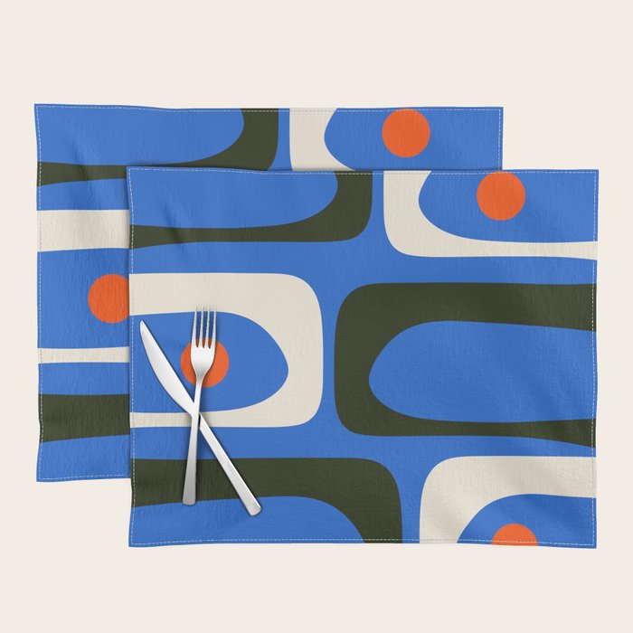 Mid Century Modern Piquet Retro Abstract Pattern in Bold Blue Black Orange Off White Placemat Gallery Image 1