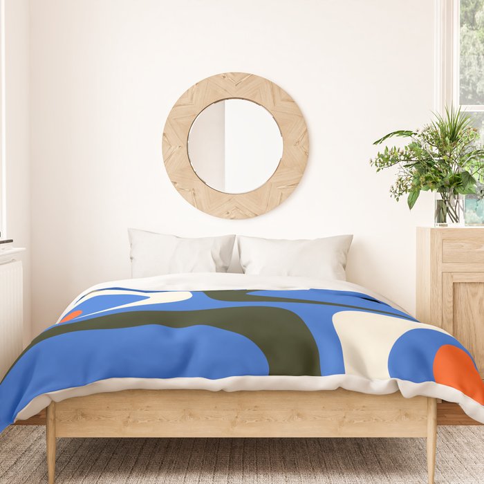 Mid Century Modern Piquet Retro Abstract Pattern in Bold Blue Black Orange Off White Duvet Cover Gallery Image 3