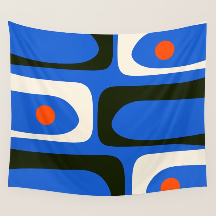 Mid Century Modern Piquet Retro Abstract Pattern in Bold Blue Black Orange Off White Wall Tapestry Gallery Image 1